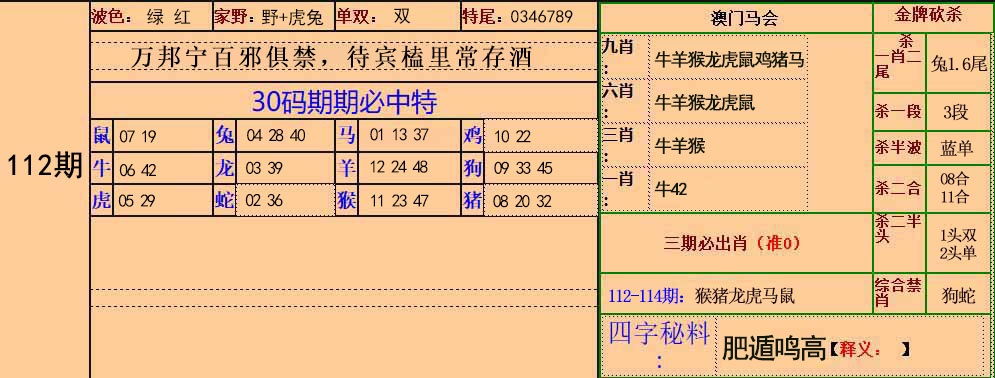 澳门六合彩：112期30码中特