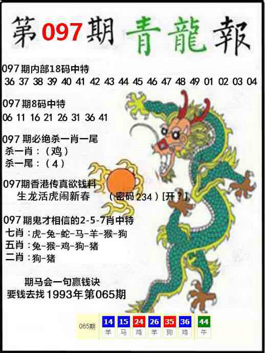 港澳百胜论坛：097期青龙报